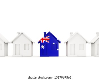 House With Flag Of Australia In A Row Of White Houses. Real Estate Concept. 3D Illustration