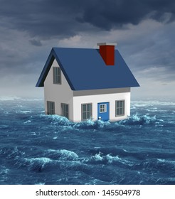 House Flood Insurance Concept As A Generic Residential Home Damaged In A Flooding Disaster By Severe Weather Or Hurricane With Environmental Damage And Economic Hardships In The Real Estate Industry.