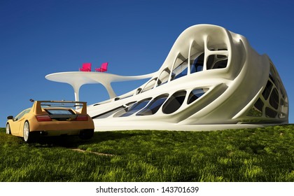 House Of The Future And Cars On The Grass.