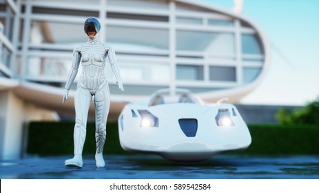 House Of Future. Futuristic Flying Car With Walking Woman. 3d Rendering.