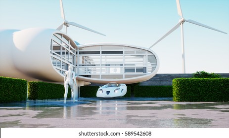 House Of Future. Futuristic Flying Car With Walking Woman. 3d Rendering.