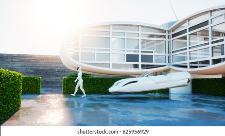 House Of Future. Futuristic Flying Car With Walking Woman. 3d Rendering.