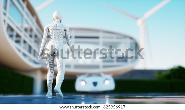 House of future. Futuristic flying car with\
walking woman. 3d\
rendering.