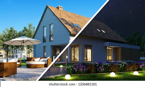 House With Garden During The Day And At Night In The Same Perspective (3D Rendering)