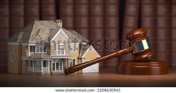 House with gavel and law books. \
Real estate law and house auction concept. 3d\
illustration