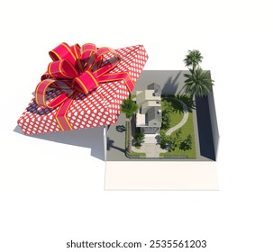 A house as a gift inside an open box, symbolizing a real estate purchase or gift. 3d render