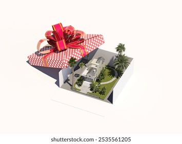 A house as a gift inside an open box, symbolizing a real estate purchase or gift. 3d render