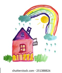 House, Grass, Clouds With Rain, Sun And Bright Rainbow. Child's Drawing. Watercolor On Paper. Hand Drawn Picture.