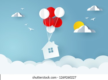 House Hanging With Balloon On Sky. Paper Art