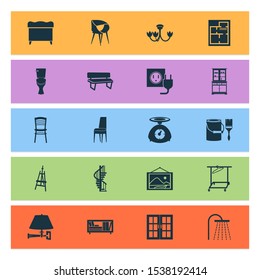 House Icons Set With Circular Staircase, Clothing Rack, Drawing Easel And Other Bidet Elements. Isolated Illustration House Icons.