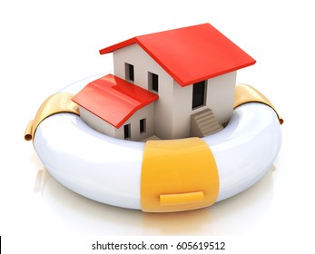 House Insurance Home Owner Protection From Mortgage Interest Rates As A Home In A Lifesaver And Real Estate Financial And Structural Risk As Security From Hazards Like Flooding Fire. 3d Illustration