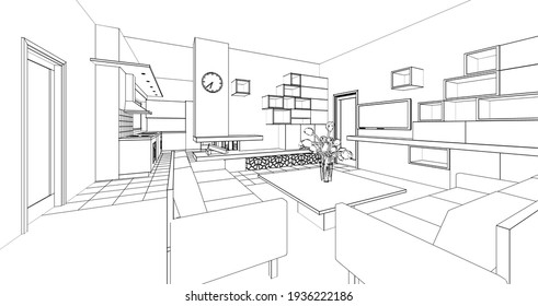 House Interior Kitchen Living Room 3d Illustration