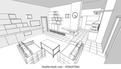 house interior kitchen living room 3d illustration