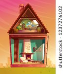  house interior in section, cartoon architecture background