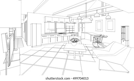 House, Interior, Sketch, 3d Illustration