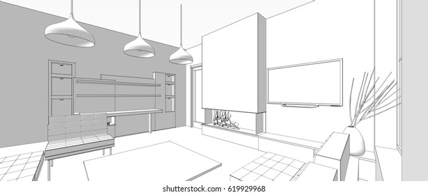 House, Interior, Sketch, 3d Illustration