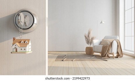 House Key And House Model White  Living Room Background.Concept For Real Estate,property,agent.3d Rendering