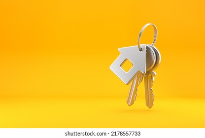 Claves de la casa con llave en forma de casa, concepto Estate, llavero y llaves sobre fondo amarillo brillante. 3.ª representación