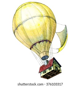 House lifted to the sky by hot air balloons. Concept.