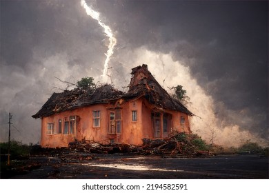 House In A Lightning Storm Getting Struck And Taking Damage. Spooky, Eerie And Ominous Skies And Clouds