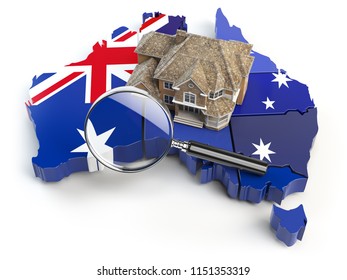 House And Loupe On The Map Of Australia In Colors Of Australian Flag. Search A House For Buying Or Rent Concept. Real Estate Development In Australia. 3d Illustration