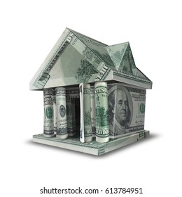 House made of banknotes.
Toy House Made of Money Isolated on White Background. Raster 3D illustration.