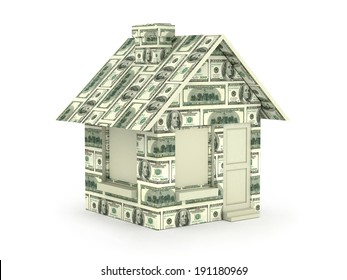House made with Hundred Dollar Bills Isolated on White Background.