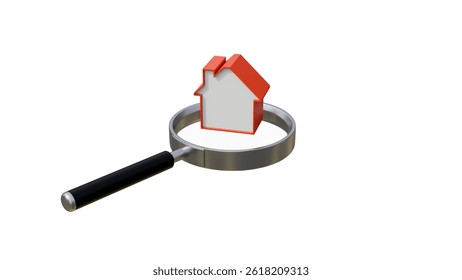 House and magnifying glass isolated on white background. House searching concept with a magnifying glass. Buying or selling real estate, building new buildings, offices and homes. Real estate banner.