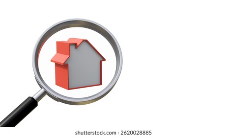 House and magnifying glass isolated on white background. House searching concept with a magnifying glass. Buying or selling real estate, building new buildings, offices and homes. Real estate banner.