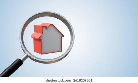 House and magnifying glass on a soft blue background. House searching concept with a magnifying glass. Buying or selling real estate, building new buildings, offices and homes. Real estate banner.