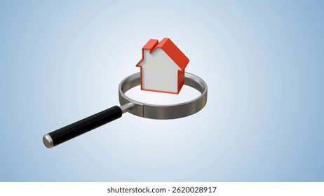 House and magnifying glass on a soft blue background. House searching concept with a magnifying glass. Buying or selling real estate, building new buildings, offices and homes. Real estate banner.