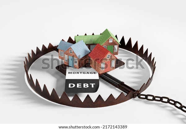 House models in a bear trap\
to illustrate the concept of subprime mortgage crisis. 3D\
rendering