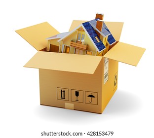 House moving, packaging during the relocation, delivery and real estate concept, cardboard box with modern cottage inside isolated on white, 3d illustration - Powered by Shutterstock