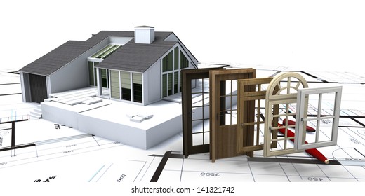 House On Blueprints With A Choice Of Windows And Doors