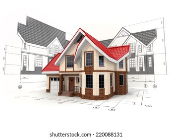 House on the drafts in different projections and blueprints. Construction concept.