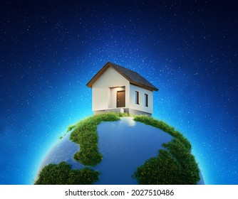 House On Earth And Green Grass In Real Estate Sale Or Property Investment Concept. Buying Land For New Home. 3d Illustration Of Big Advertising Sign.