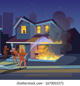 House On Fire Illustration. Firefighters Try To Extinguish Burning House. Firemen Putting Out Building. Fireman Rescue People Cartoon Character. Fire Truck, Equipment. Flame Accident. Raster Copy