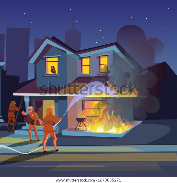 House on fire illustration. Firefighters try to\
extinguish burning house. Firemen putting out building. Fireman\
rescue people cartoon character. Fire truck, equipment. Flame\
accident. Raster\
copy