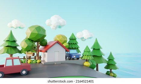 House On Hillside Near Beach. 3d Illustration Of Sea View Home.