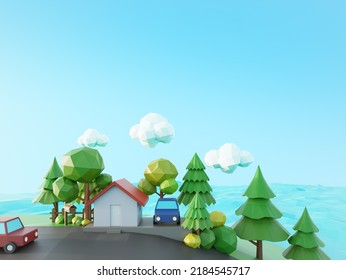 House On Hillside Near Beach. 3d Illustration Of Sea View Home.