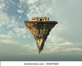 House on a piece of land floating in the sky