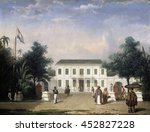 House on the Rijswijk, Batavia (Jalan Veteran), by Ernest Alfred Hardouin, 1835-45, Dutch Colonial painting, oil on canvas. Built by Pieter Tency in 1796. In the foreground is a Javanese woman with p