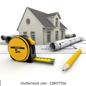 A House on top of blueprints, a pencil and a tape measure - Powered by Shutterstock