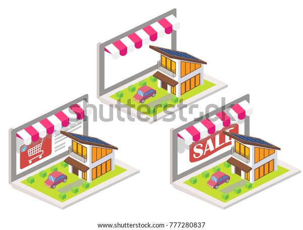 House online 3d isometric illustration.\
Online shopping, e-commerce concept design elements isolated on\
white background.
