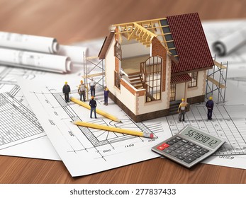 House with open interior on top of blueprints, documents and mortgage calculations and workers. Construction concept.