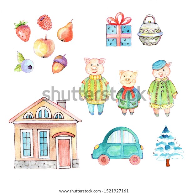 House of pig. Winter illustration, Christmas, gifts,\
Christmas tree