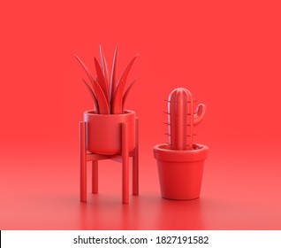 House Plant And Cactus In Red Background, Monochrome Single Color Red 3d Icon, 3d Rendering