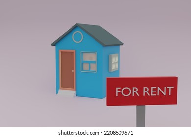 House For Rent Banner Design 3d Rendered Blue Home And Red Rent Tag Backdrop