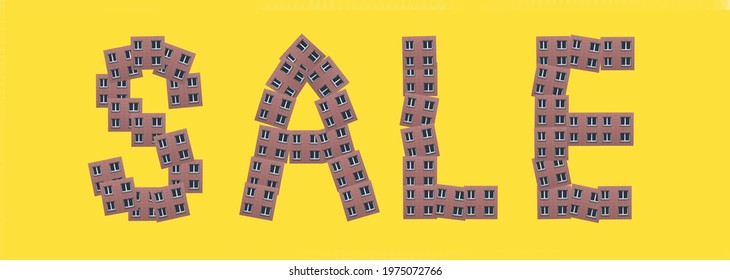 House Sale Flyer. Word On Illuminating Yellow Background. Letters From Facade Elements Of Modern Residential Building With Windows. Long Creative Advertising Banner For Summer Hot Offer. Real Estate.