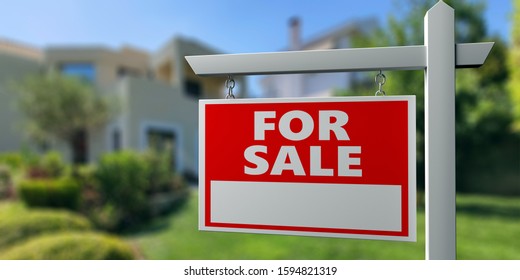 House For Sale Sign, Real Estate Concept, Blur Building Background, Text With Blank Space, Template For An Agent Advertising, Copy Space.  3d Illustration
 
